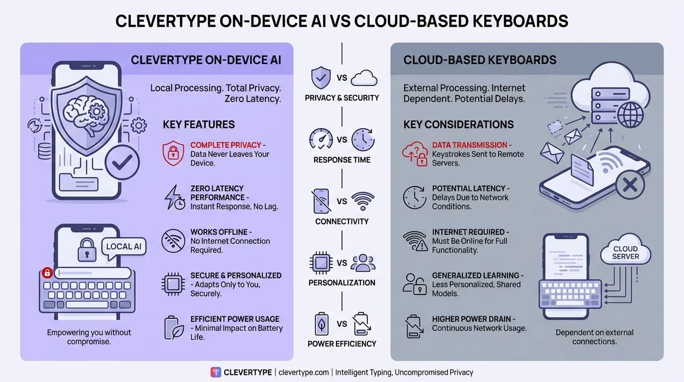 CleverType on-device AI vs cloud-based keyboards comparison: privacy, speed, offline support, and data security differences