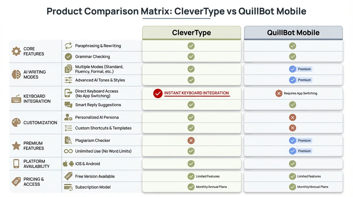 CleverType vs QuillBot Mobile: Feature comparison matrix showing paraphrasing, grammar, tone change, privacy, and platform support