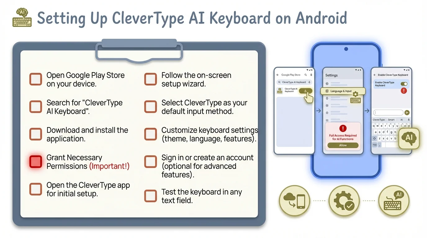 Step-by-step checklist for setting up CleverType AI keyboard on Android: download, enable, set as default, grant permissions, and use paraphrasing