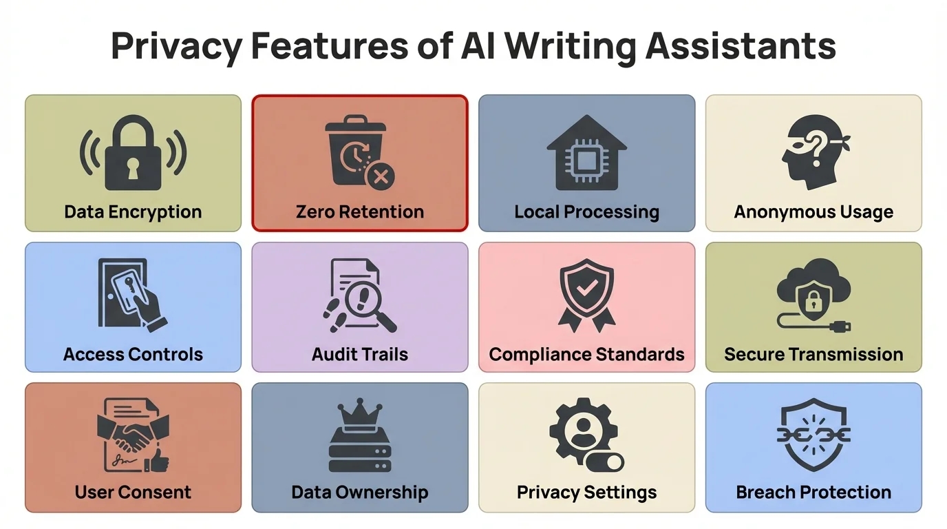 Privacy Features of AI Writing Assistants: Essential security features including data encryption, zero retention, local processing, and user control