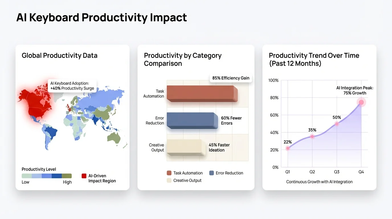 Data visualization showing AI keyboard productivity impact across different metrics and regions