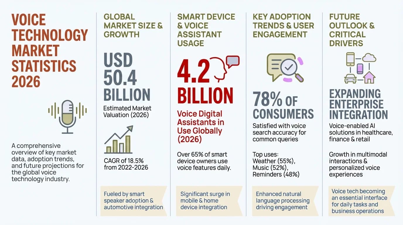 Voice Technology Market Statistics 2026: $19B market, 153.5 million US users, 9x voice agent growth, 95-98% accuracy