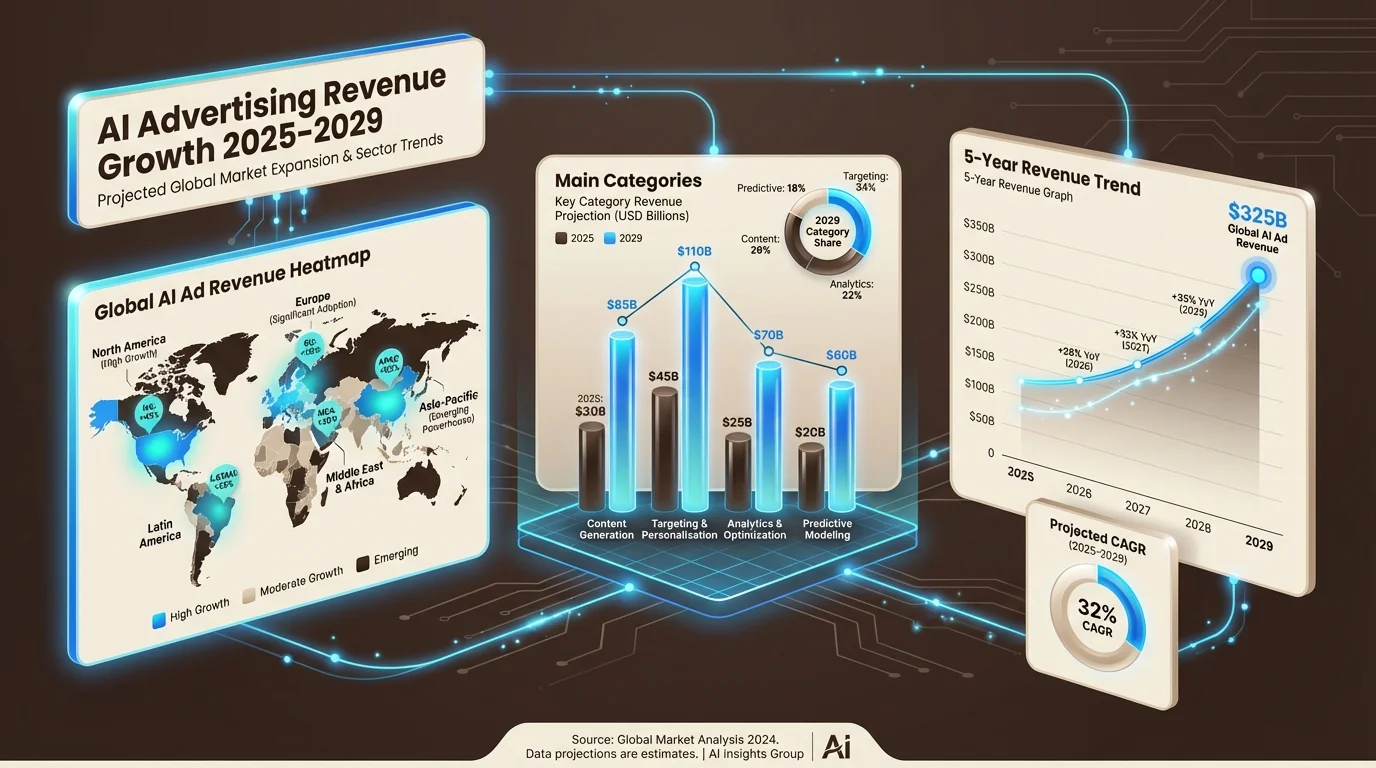 AI Advertising Revenue Growth Dashboard showing projected growth from $0 in 2025 to $25 billion by 2029