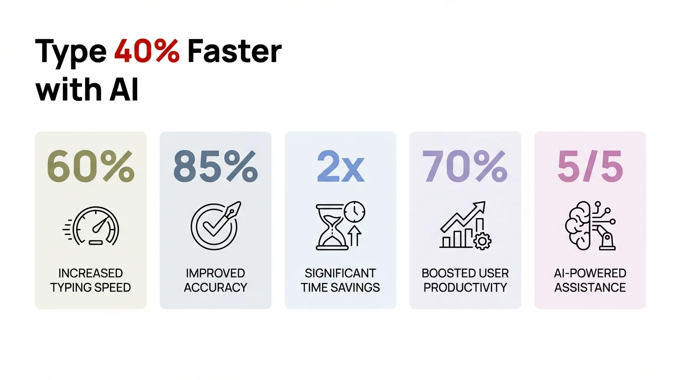 Infographic showing key statistics about AI keyboard speed improvements including 40% faster typing, reduced errors, and time savings