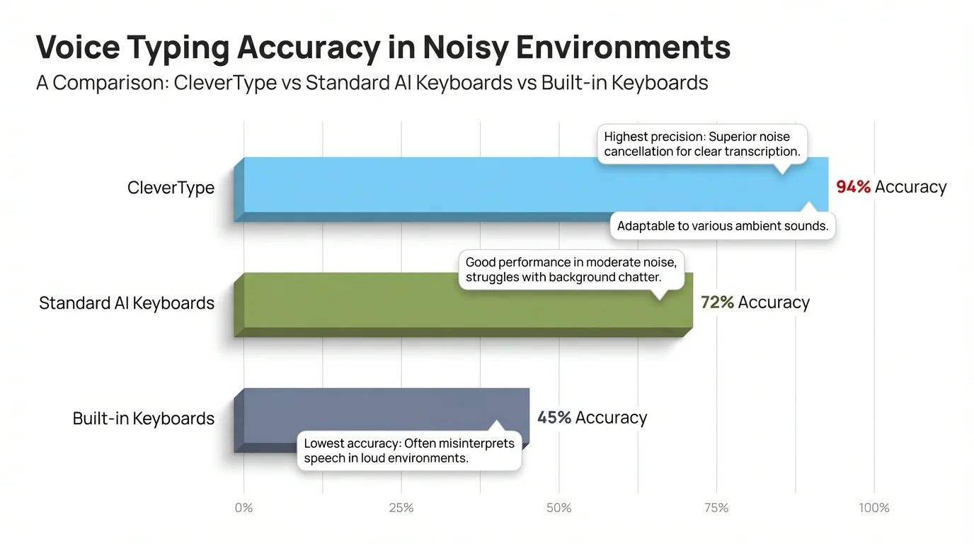 Bar chart comparing voice typing accuracy in noisy environments: CleverType vs Standard AI Keyboards vs Built-in Keyboards across quiet rooms, offices, coffee shops, streets, and crowded spaces