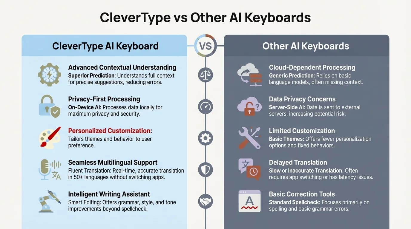 Comparison infographic showing CleverType vs Other AI Keyboards features and capabilities