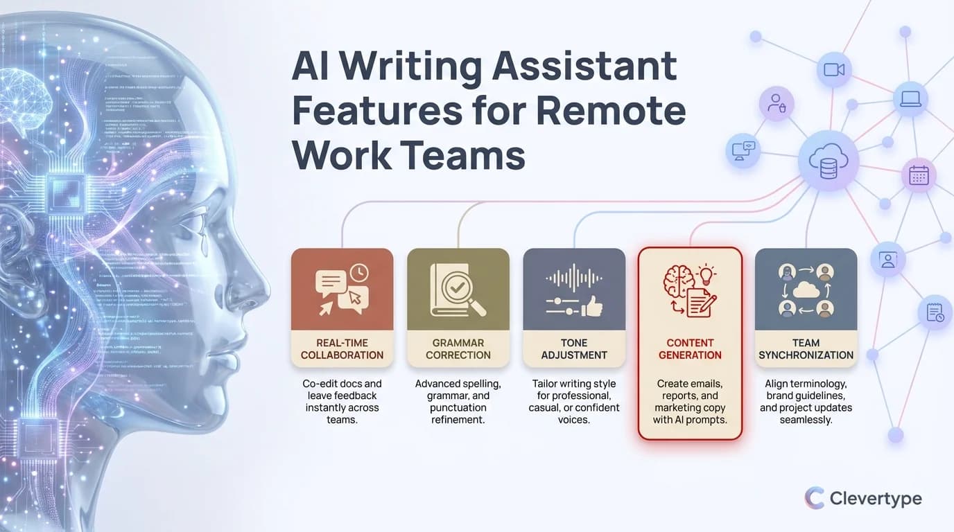 AI writing assistant features for remote work teams: grammar correction, tone adjustment, smart completions, email drafting, and translation