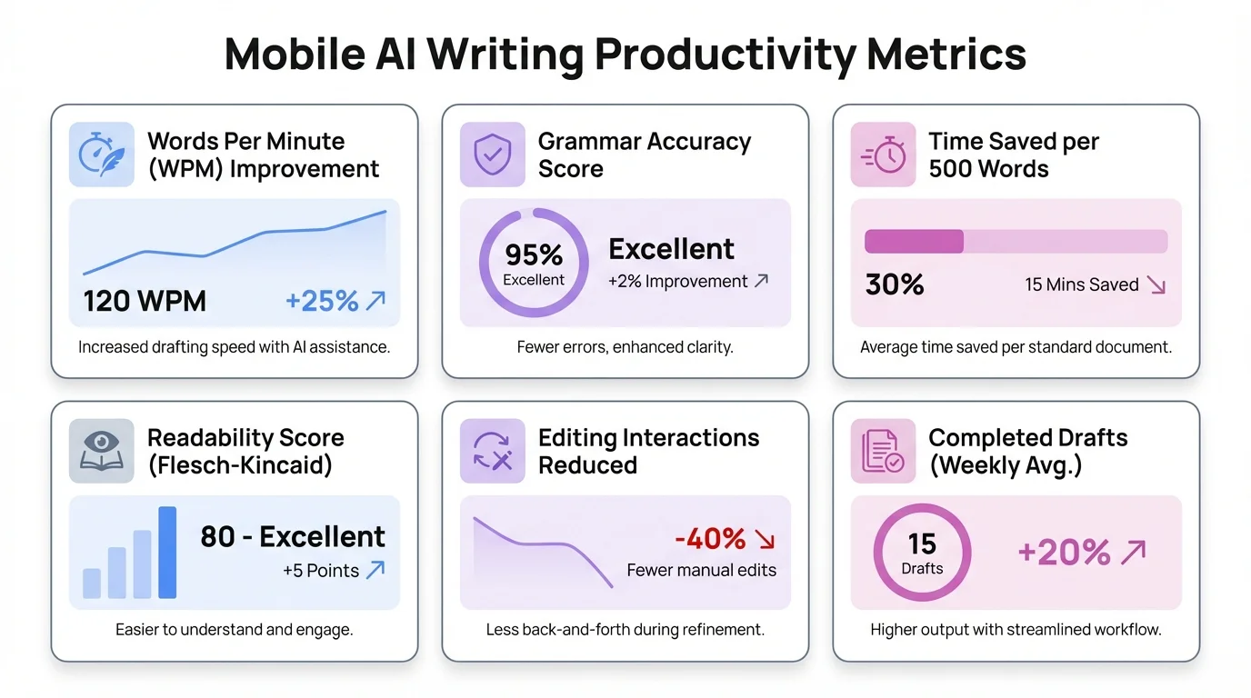 Mobile AI Writing Productivity Metrics Dashboard showing time savings and efficiency gains across different professions
