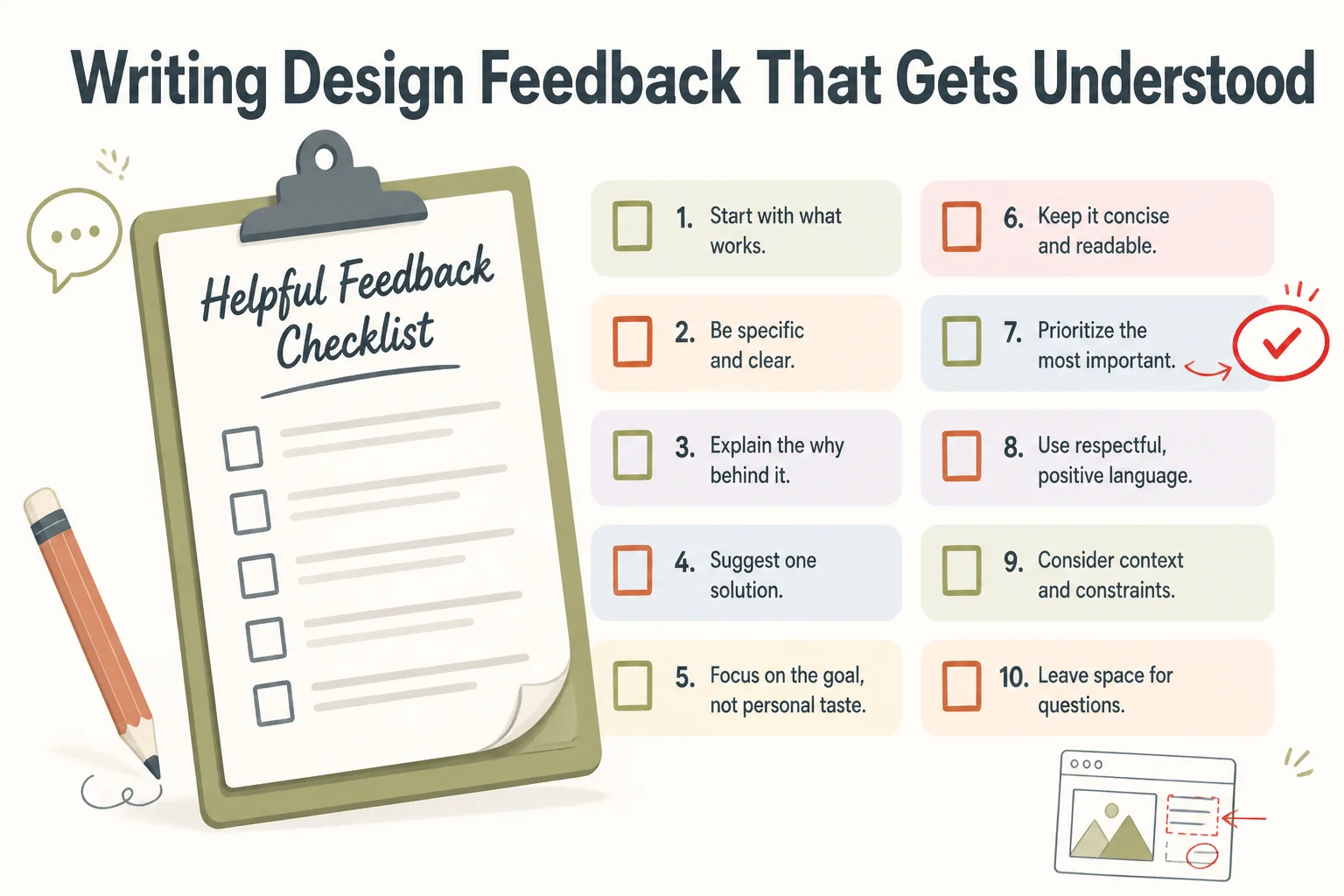 Checklist of habits for writing design feedback that gets understood on the first read