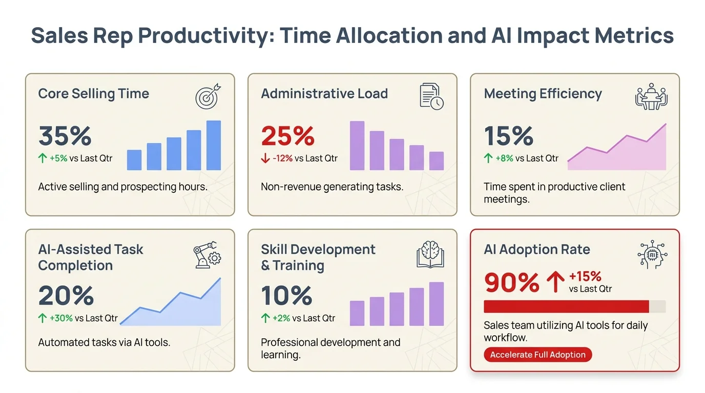 Sales rep productivity dashboard showing time allocation and AI impact metrics: 28% selling time, 5+ hours saved per week, 14.5% productivity boost, and 83% of AI-using teams seeing revenue growth