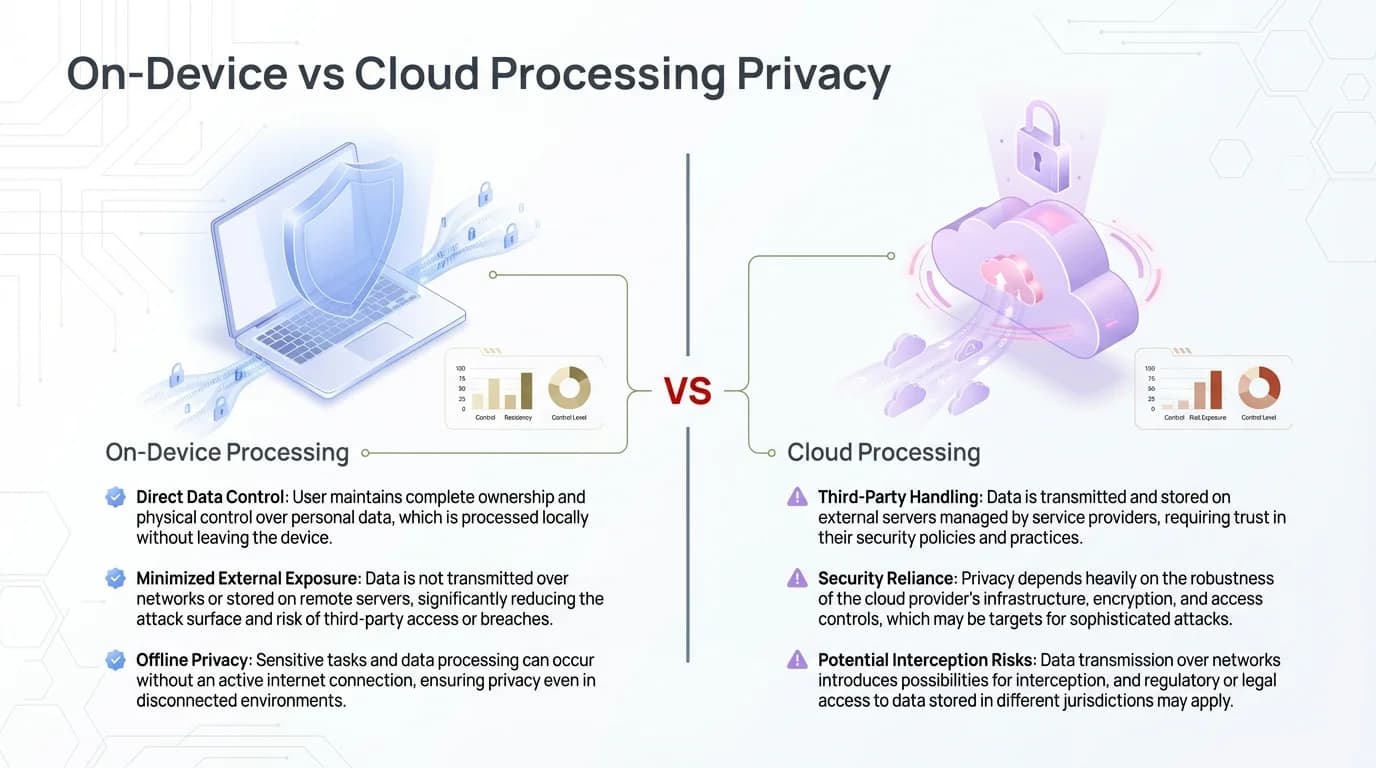 Cybersecurity infographic comparing on-device vs cloud processing privacy for AI keyboards