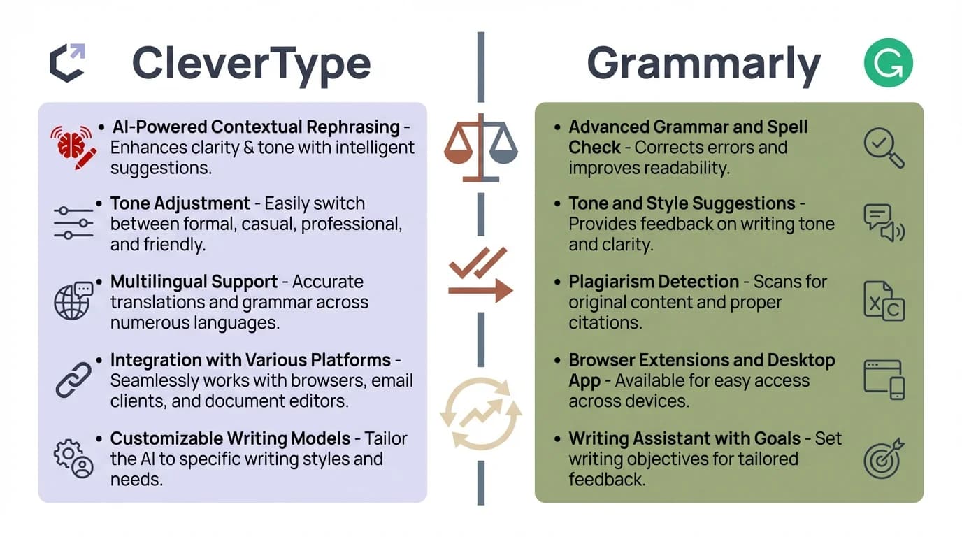 CleverType vs Grammarly side-by-side feature comparison showing privacy, AI features, pricing, and platform support