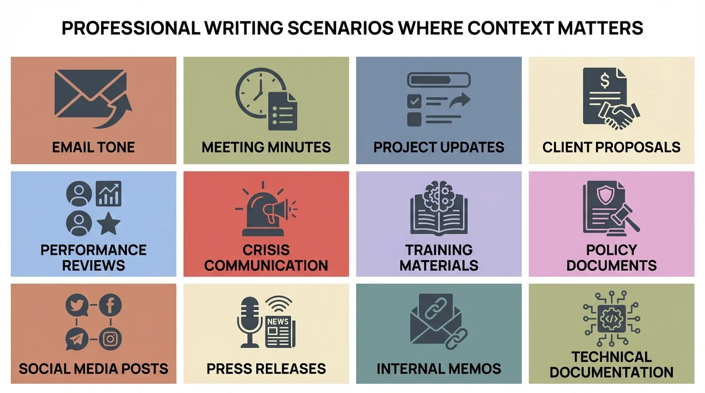Professional writing scenarios where contextual spelling matters - from client proposals to academic research