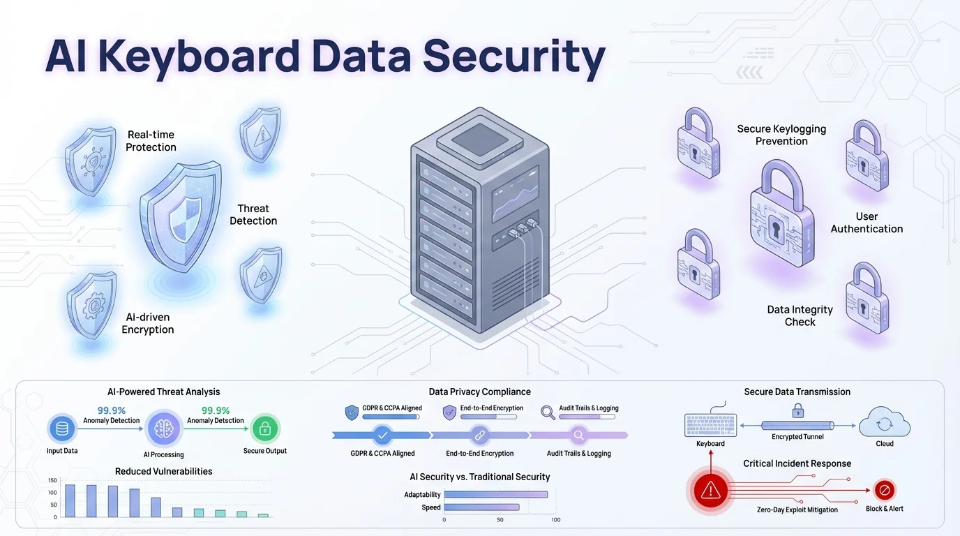 AI Keyboard Data Security infographic showing cybersecurity elements including shield protection, encryption, and data security measures