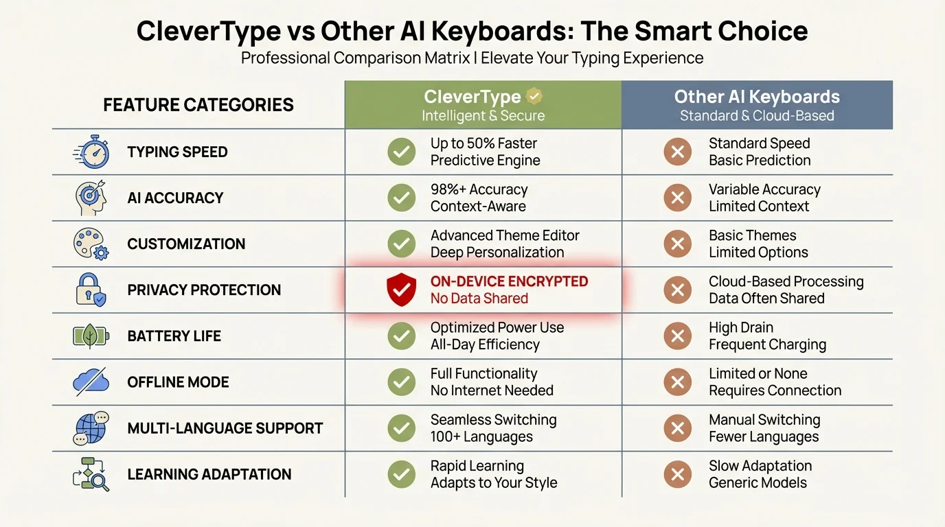 CleverType vs Other AI Keyboards - Comprehensive feature comparison showing superior prediction capabilities, privacy protection, and performance metrics