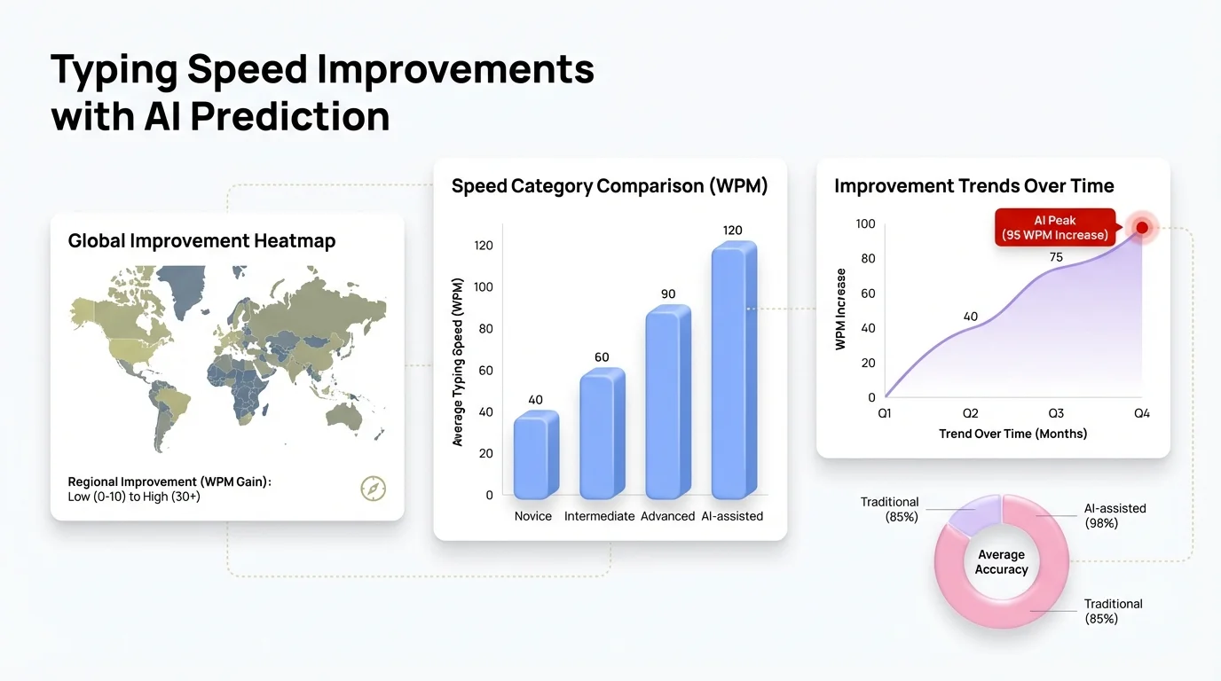Typing Speed Improvements with AI Prediction - Data dashboard showing dramatic increases in words per minute and accuracy rates with next sentence prediction