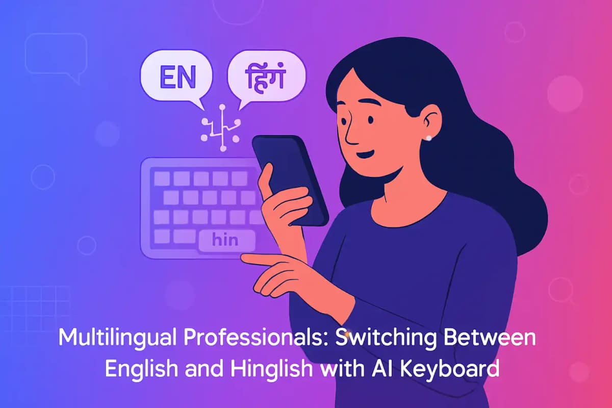 CleverType Blog Post Thumbnail: Multilingual Professionals: Switching Between English and Hinglish with AI Keyboard Featured image for article: Multilingual Professionals: Switching Between English and Hinglish with AI Keyboard
