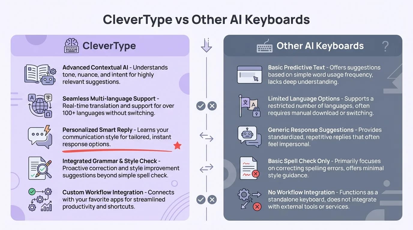 Side-by-side comparison of CleverType vs other AI keyboards — highlighting superior multilingual voice typing, on-device privacy, accent adaptation, and code-switching support