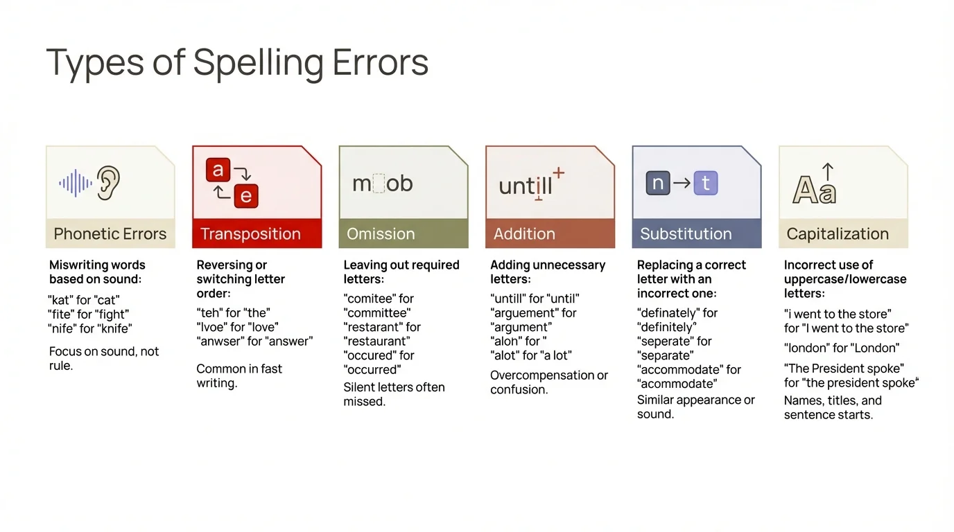 Types of Spelling Errors - Data visualization showing omissions (59%), substitutions (29%), insertions (17%), and transpositions (4.3%)