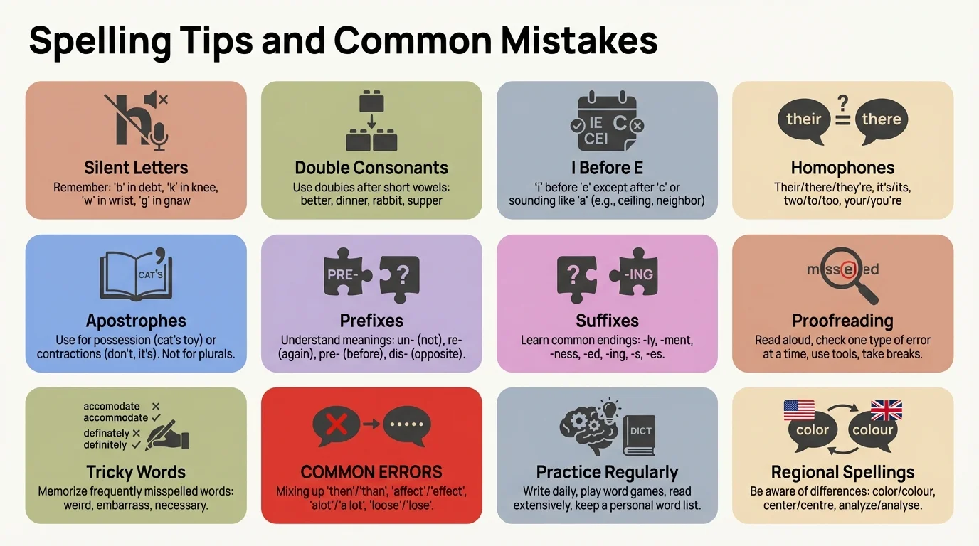 Spelling Tips and Common Mistakes - Quick facts about silent letters, double consonants, homophones, and common spelling errors