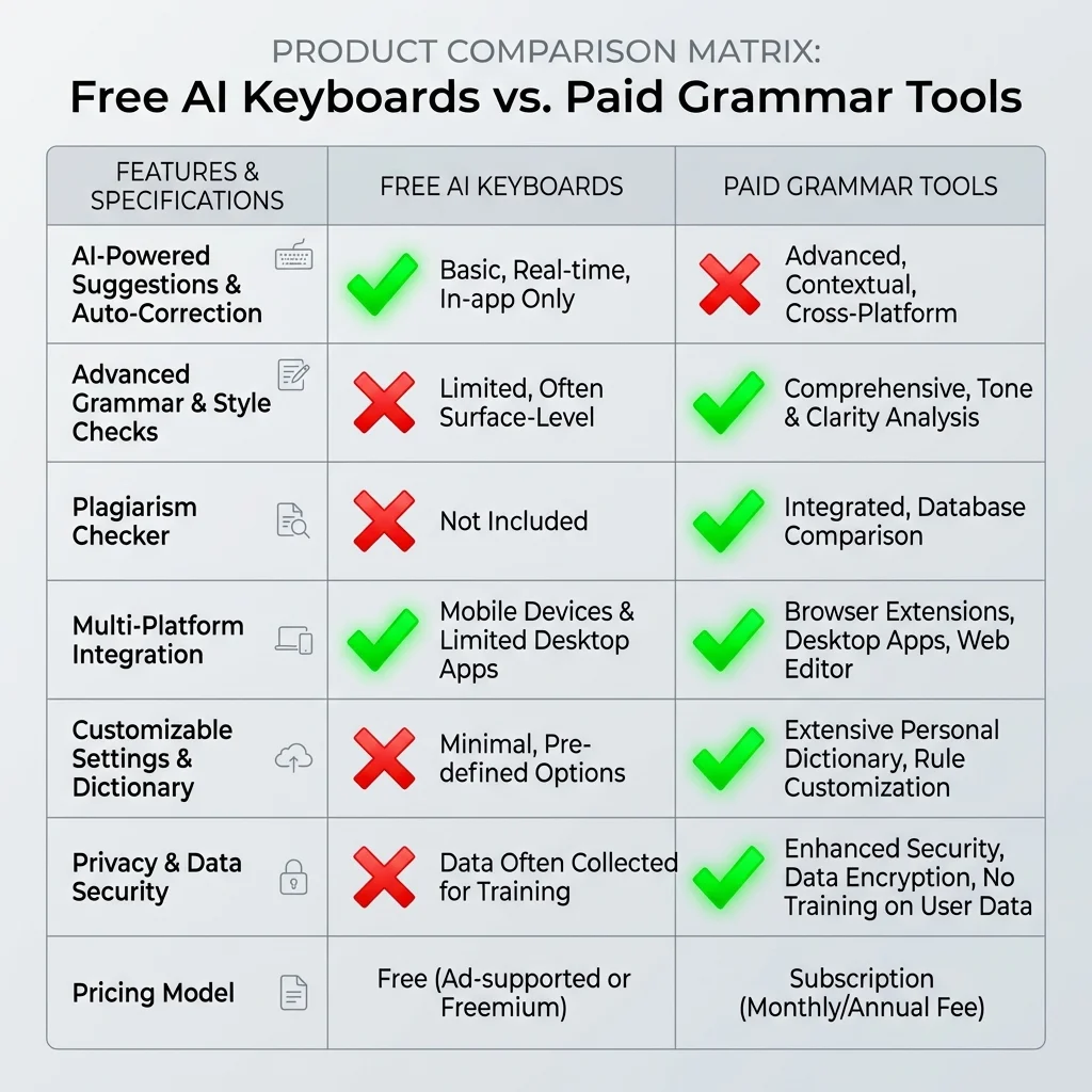 Product comparison matrix showing Free AI Keyboards vs Paid Grammar Tools with feature analysis and performance indicators