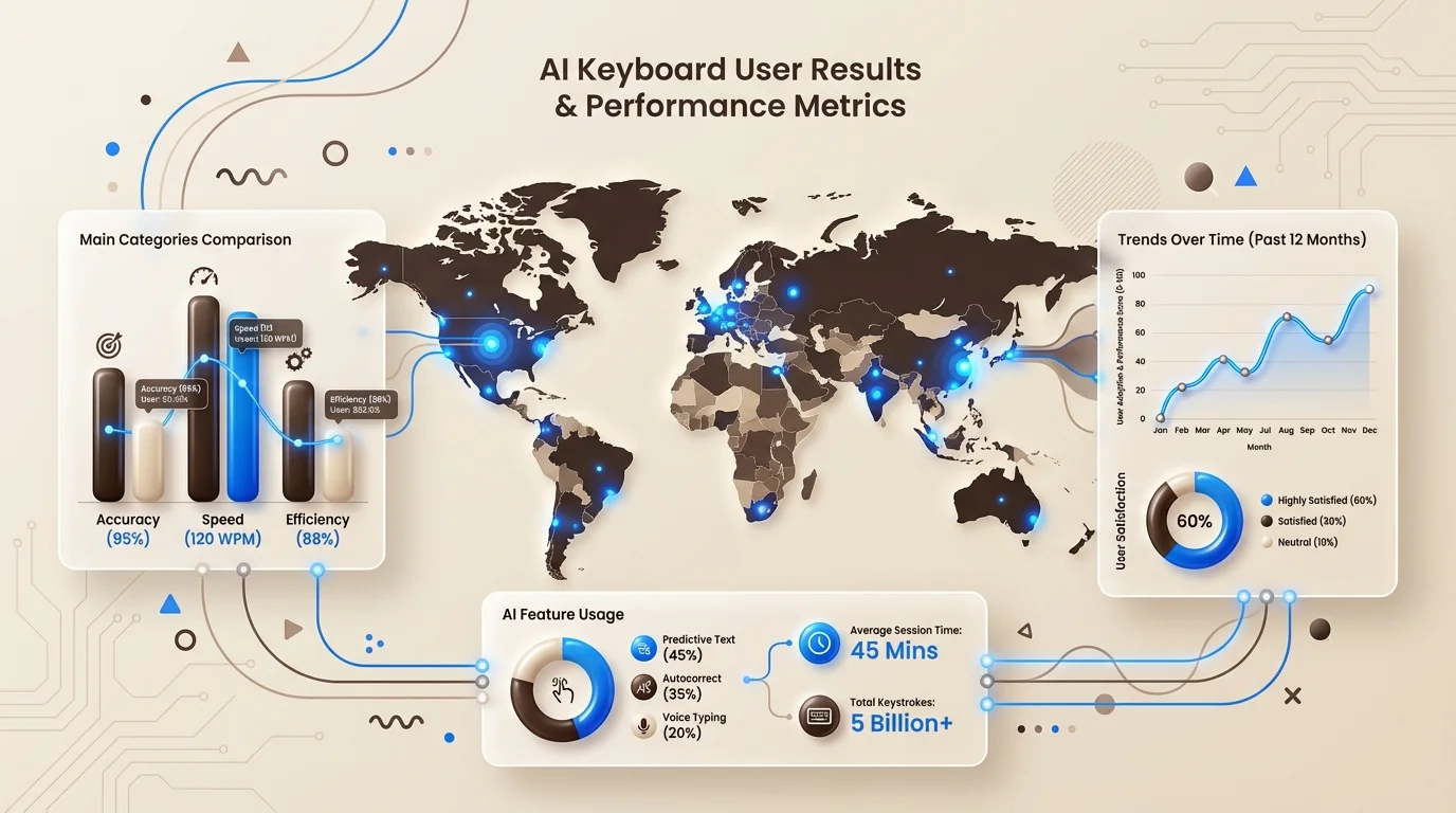 Modern data dashboard showing AI keyboard user results and performance metrics with charts and statistics