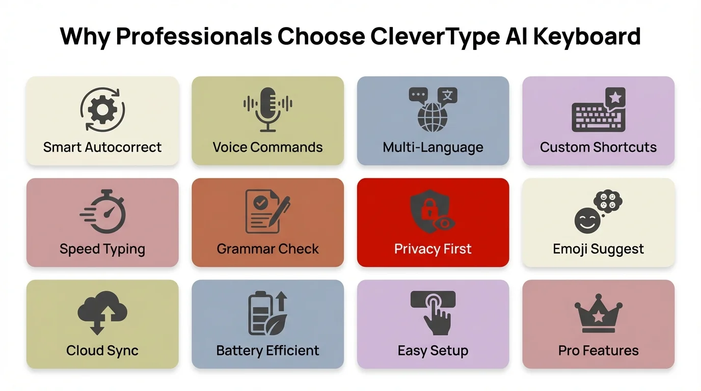 Why professionals choose CleverType AI keyboard - key features and benefits including smart autocorrect, voice commands, grammar checking, and productivity tools