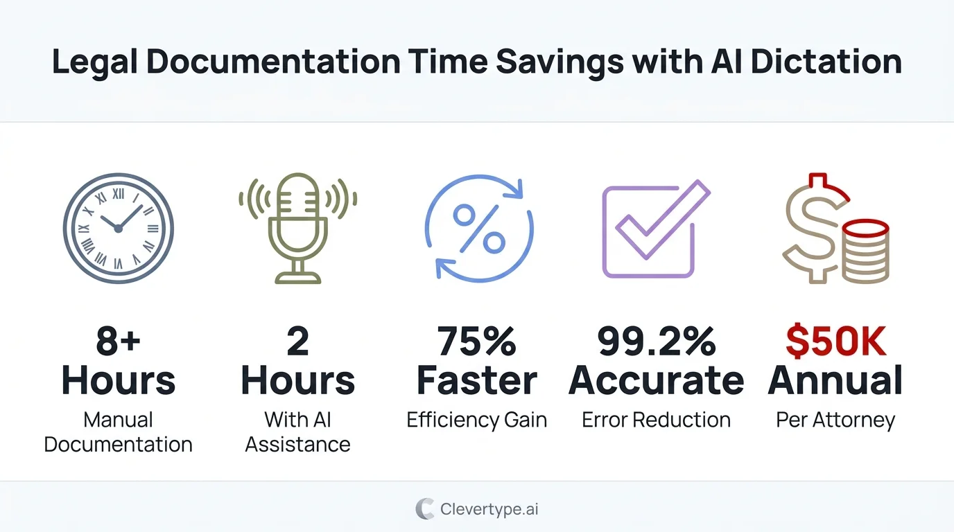 Infographic showing legal documentation time savings with AI dictation — 75% faster drafting, 99.2% accuracy, and significant cost savings per attorney