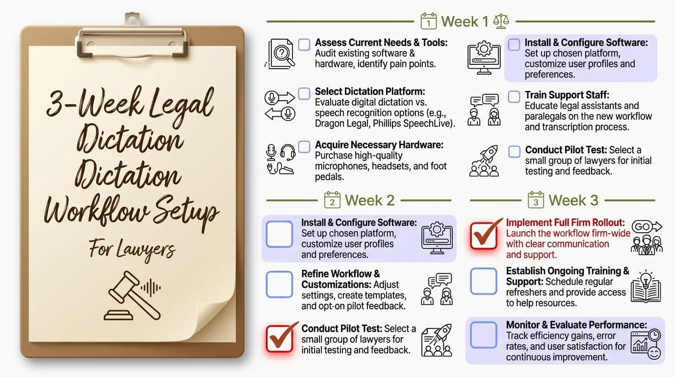 3-week legal dictation workflow setup checklist for lawyers — from low-stakes emails in week 1 to full document drafting by week 3