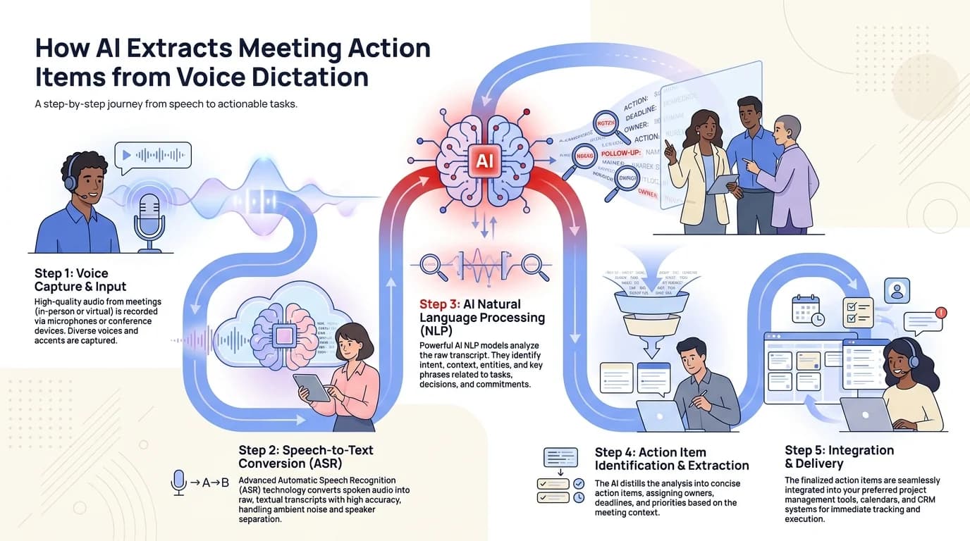 Step-by-step process of how AI extracts meeting action items from voice dictation — from speech input to structured task output