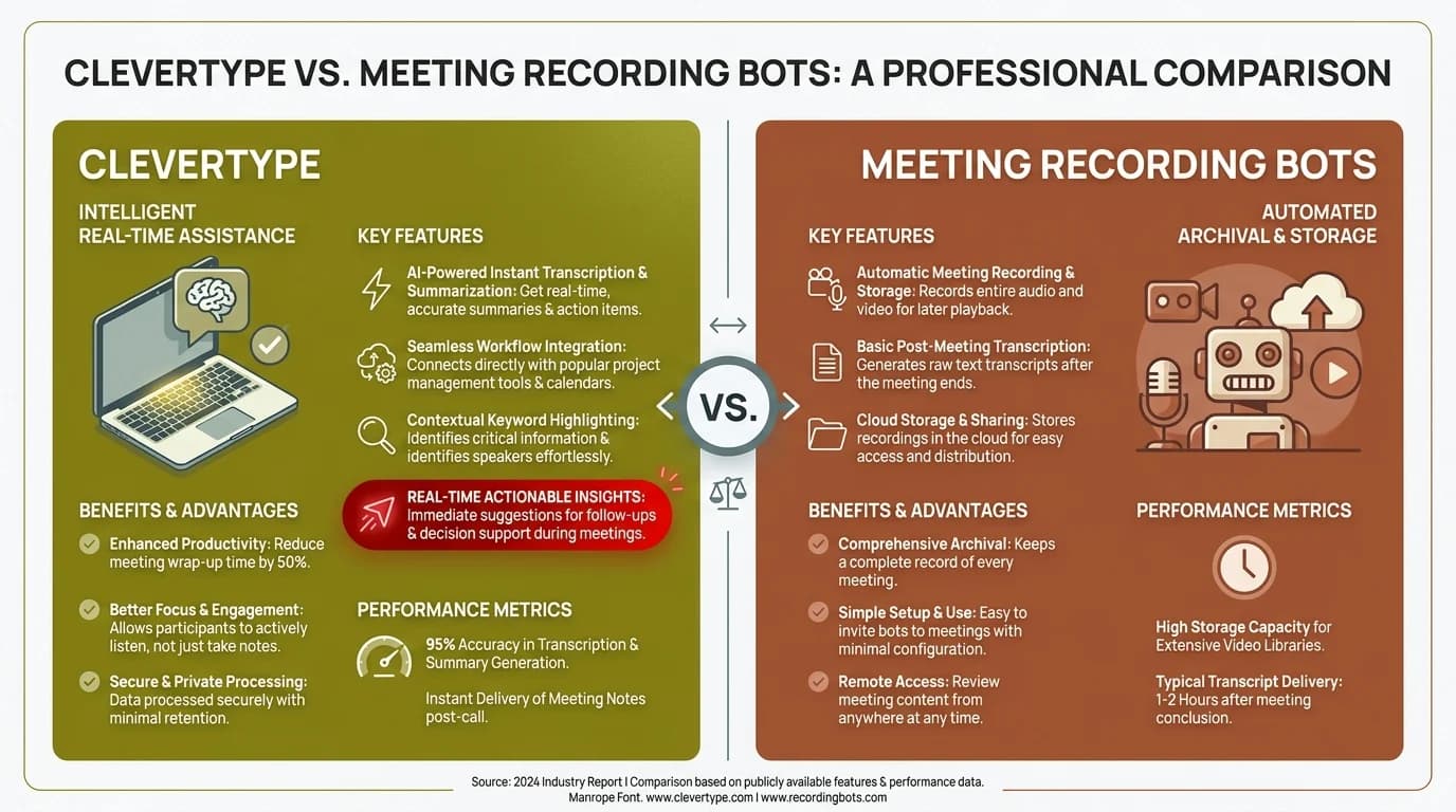 CleverType vs Meeting Recording Bots comparison — on-device privacy, no consent issues, free personal dictation versus cloud-based bots that record all participants
