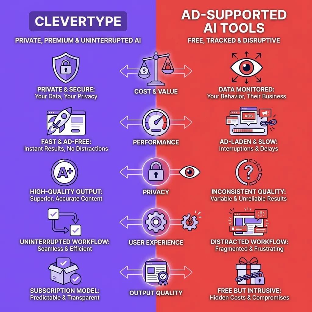 Comparison infographic: CleverType vs Ad-Supported AI Writing Tools showing privacy, speed, and data collection differences