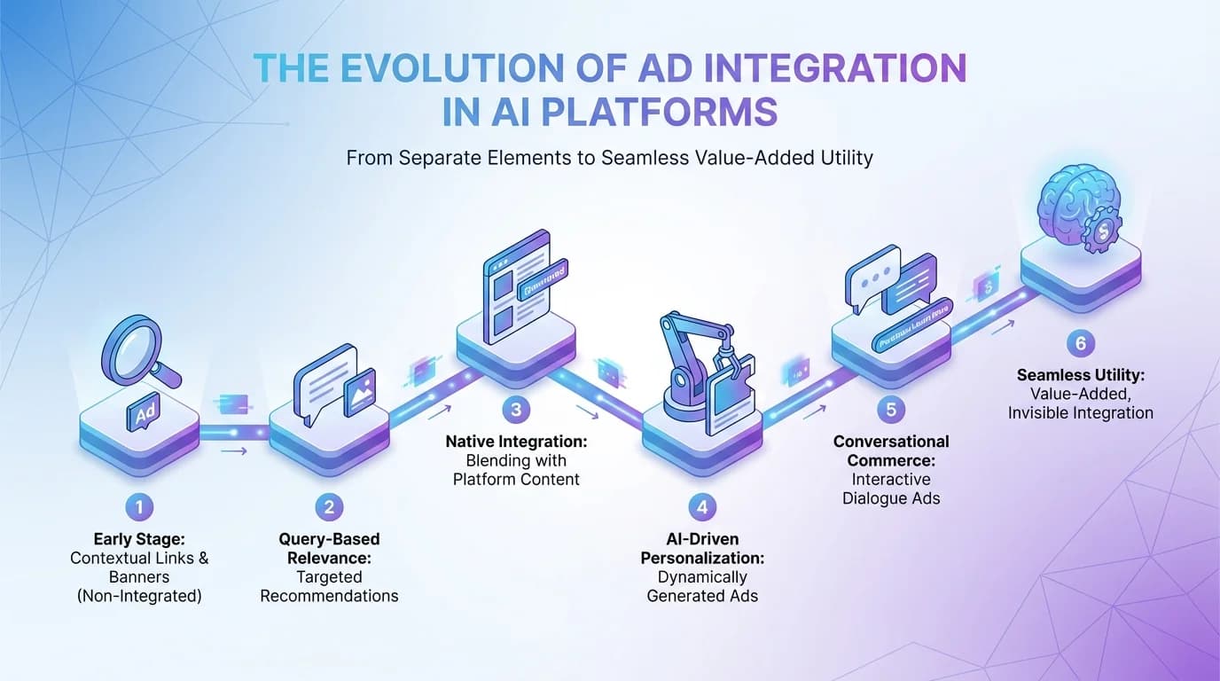 The Evolution of Ad Integration in AI Platforms - Timeline showing 5 phases from ad-free launch to user lock-in